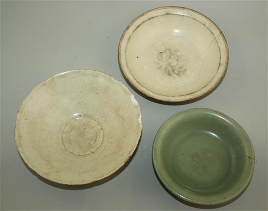 A Ding ware dish, a Yingqing bowl and a Longquan celadon dish, 12th - 15th century, 14cm